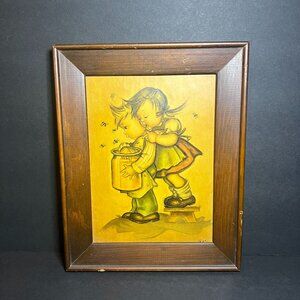 Vintage 1970s Rov Signed Hummel Boy & Girl w/ Jar Framed Laminate Wall Art Print